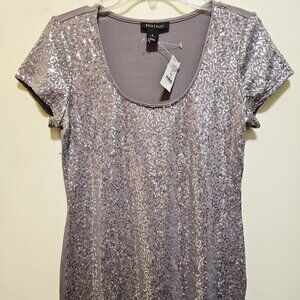 New White House Black Market SMALL Pewter Sparkle Shell Short Sleeve Top